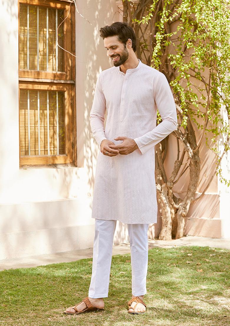 Pink Thread Embroidered Cotton Straight Kurta Set For Men