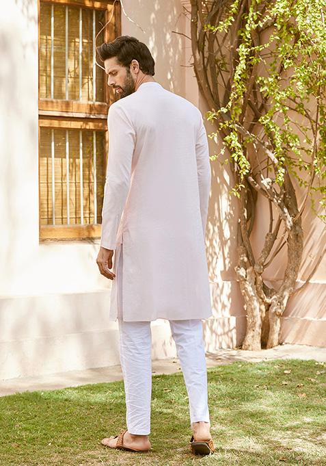 Pink Thread Embroidered Cotton Straight Kurta Set For Men