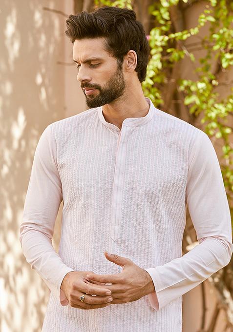 Pink Thread Embroidered Cotton Straight Kurta Set For Men