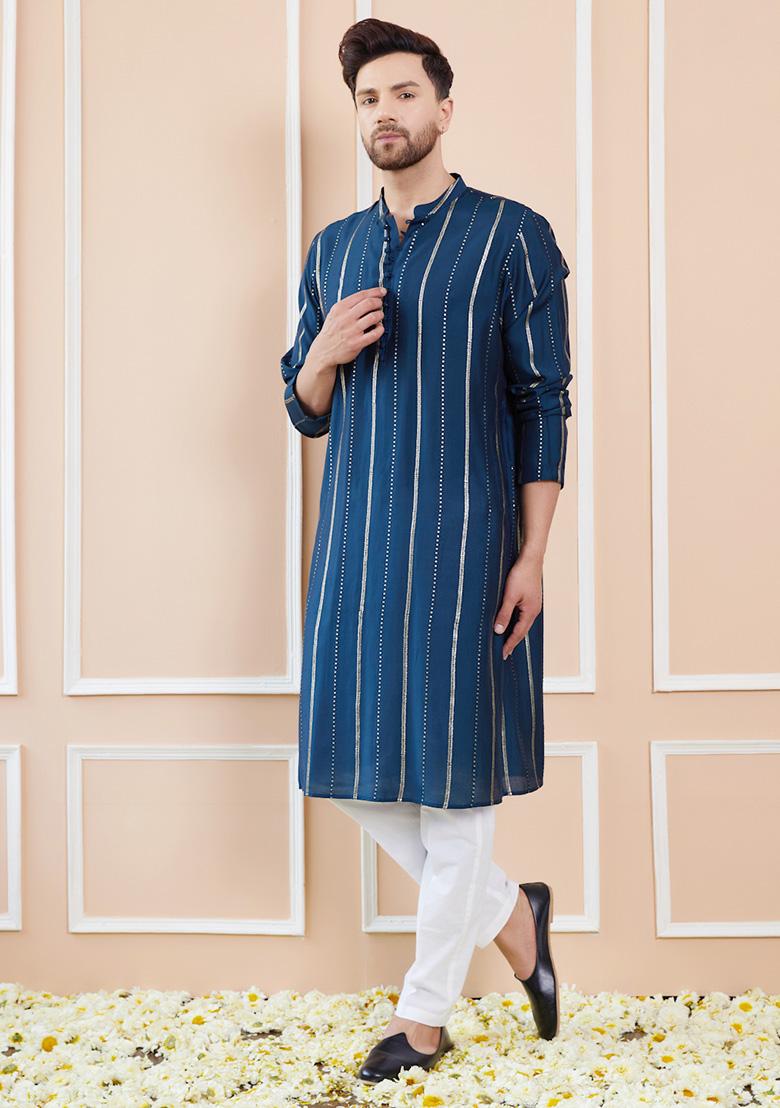 Teal Sequin Embroidered Chanderi Silk Kurta Set For Men