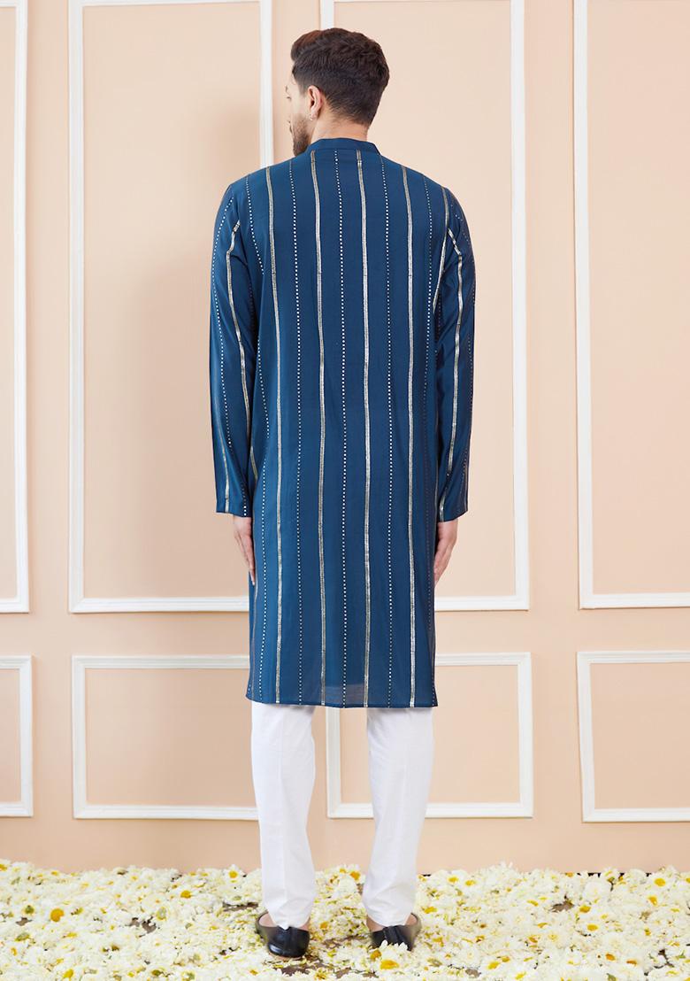 Teal Sequin Embroidered Chanderi Silk Kurta Set For Men