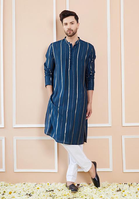 Teal Sequin Embroidered Chanderi Silk Kurta Set For Men