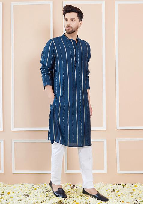 Teal Sequin Embroidered Chanderi Silk Kurta Set For Men