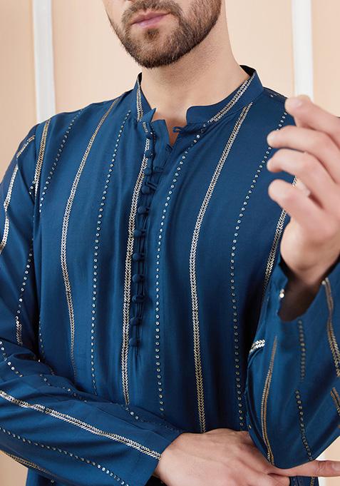 Teal Sequin Embroidered Chanderi Silk Kurta Set For Men
