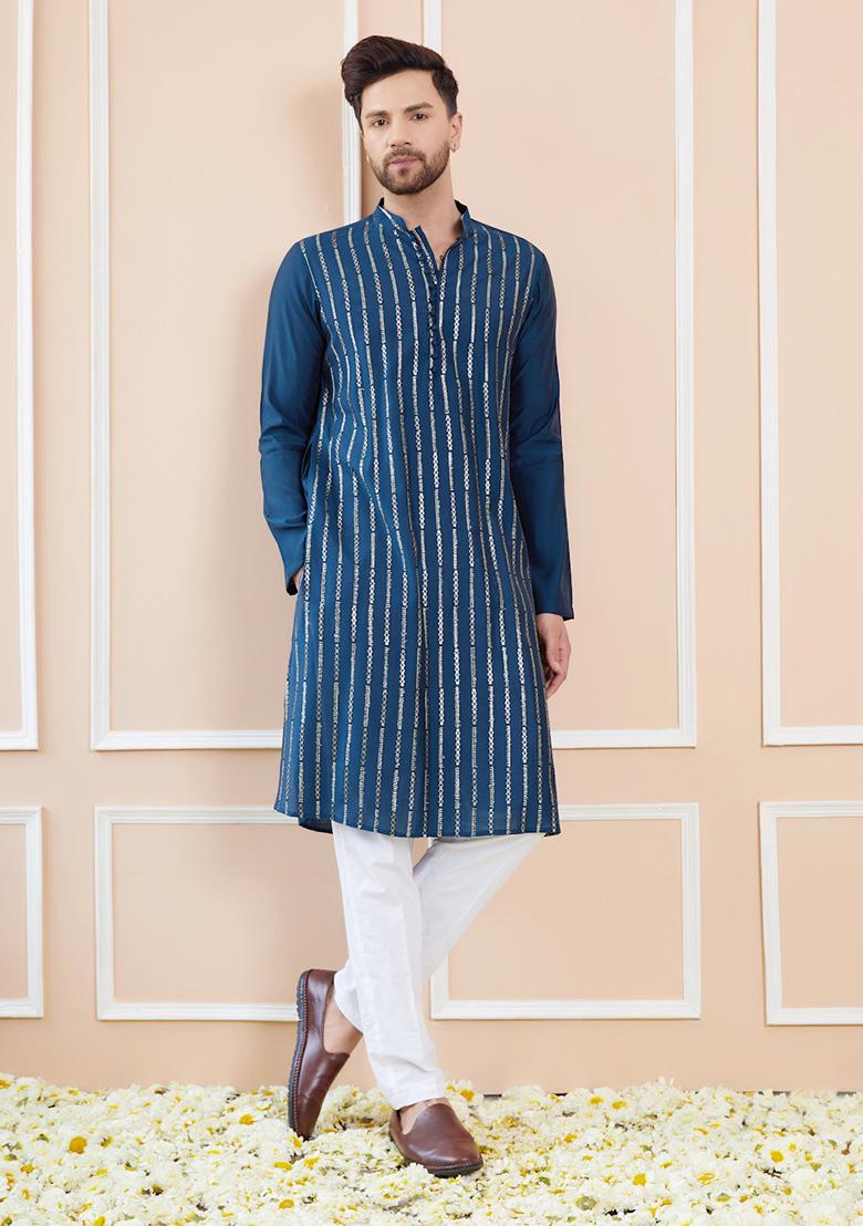 Teal Embroidered Chanderi Silk Kurta Set For Men