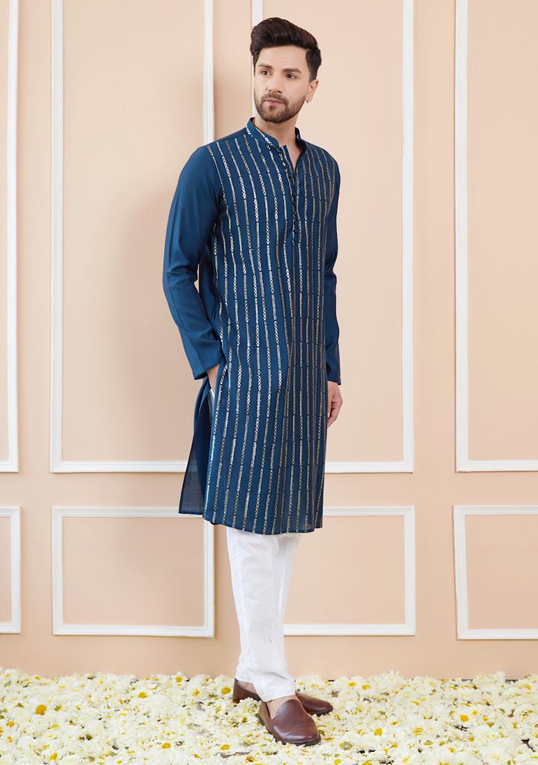 Teal Embroidered Chanderi Silk Kurta Set For Men