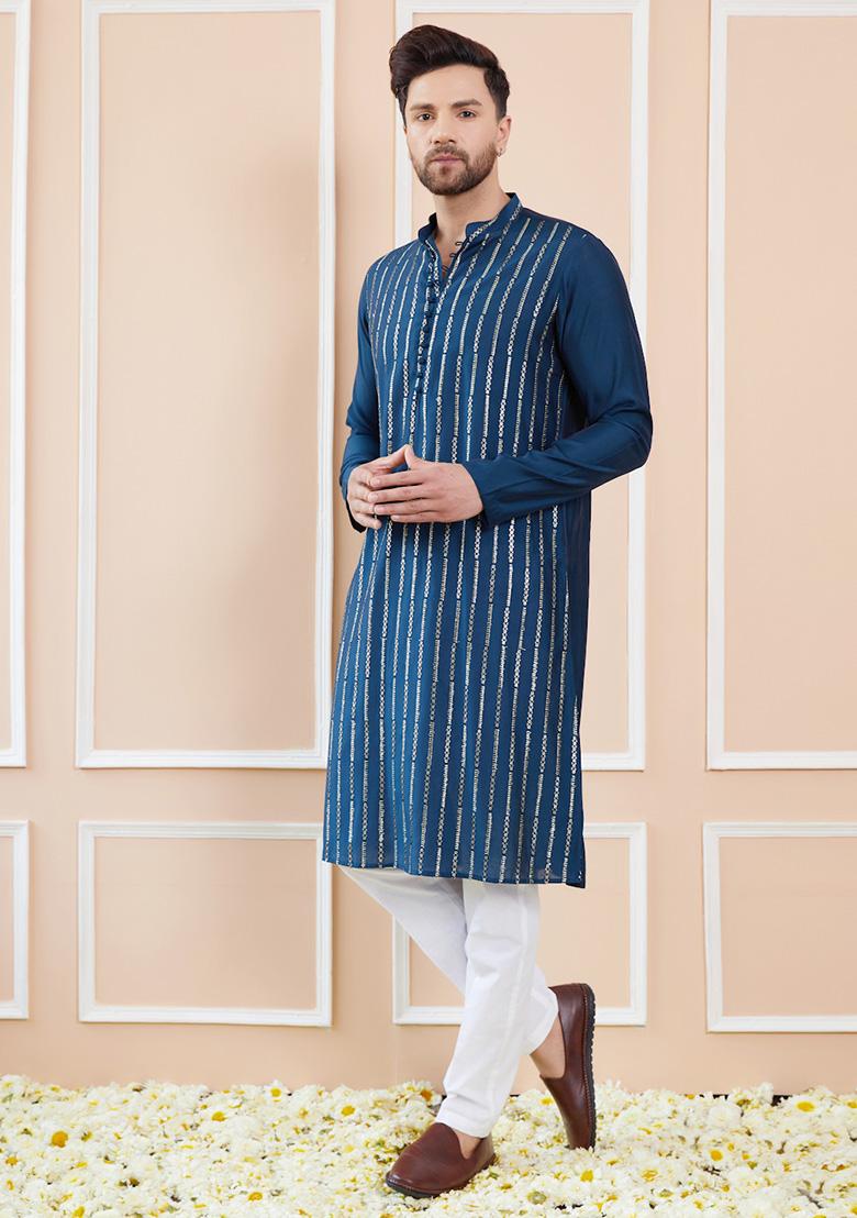 Teal Embroidered Chanderi Silk Kurta Set For Men