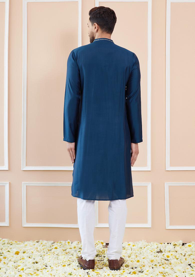 Teal Embroidered Chanderi Silk Kurta Set For Men