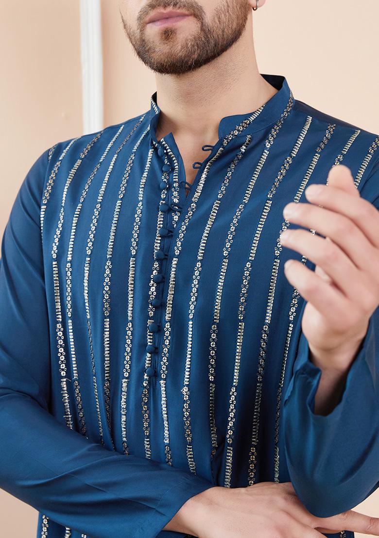 Teal Embroidered Chanderi Silk Kurta Set For Men