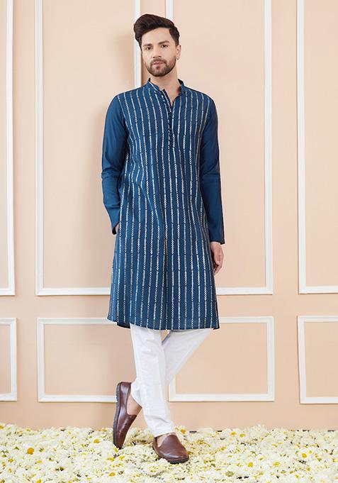 Teal Embroidered Chanderi Silk Kurta Set For Men