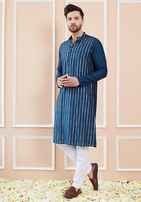 Teal Embroidered Chanderi Silk Kurta Set For Men
