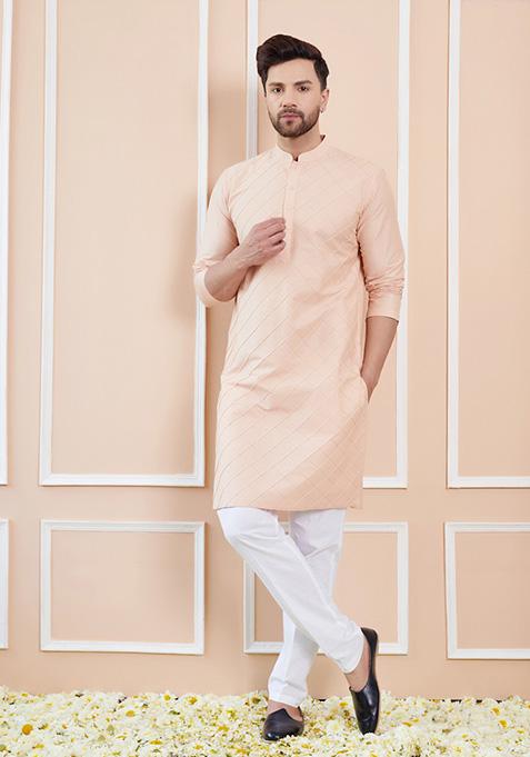 Peach Thread Embroidered Chanderi Silk Kurta Set For Men