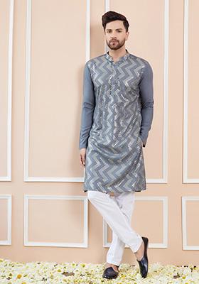 Grey Embroidered Straight Kurta Set For Men