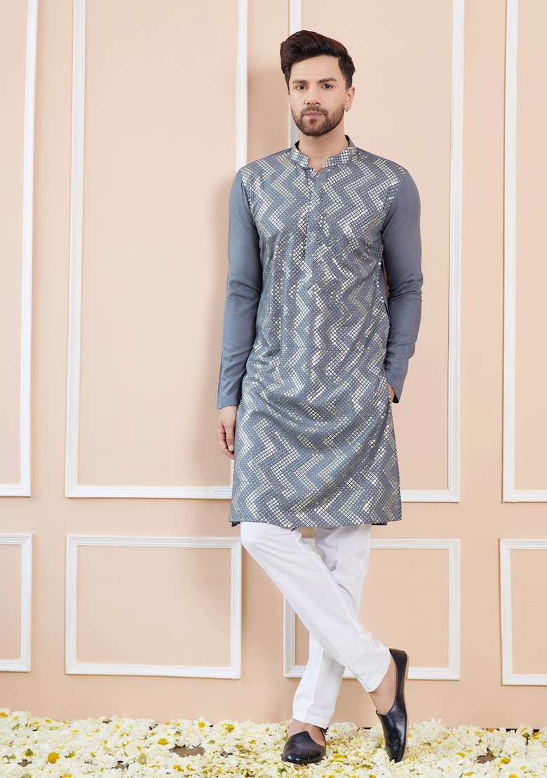 Grey Embroidered Straight Kurta Set For Men - Indya