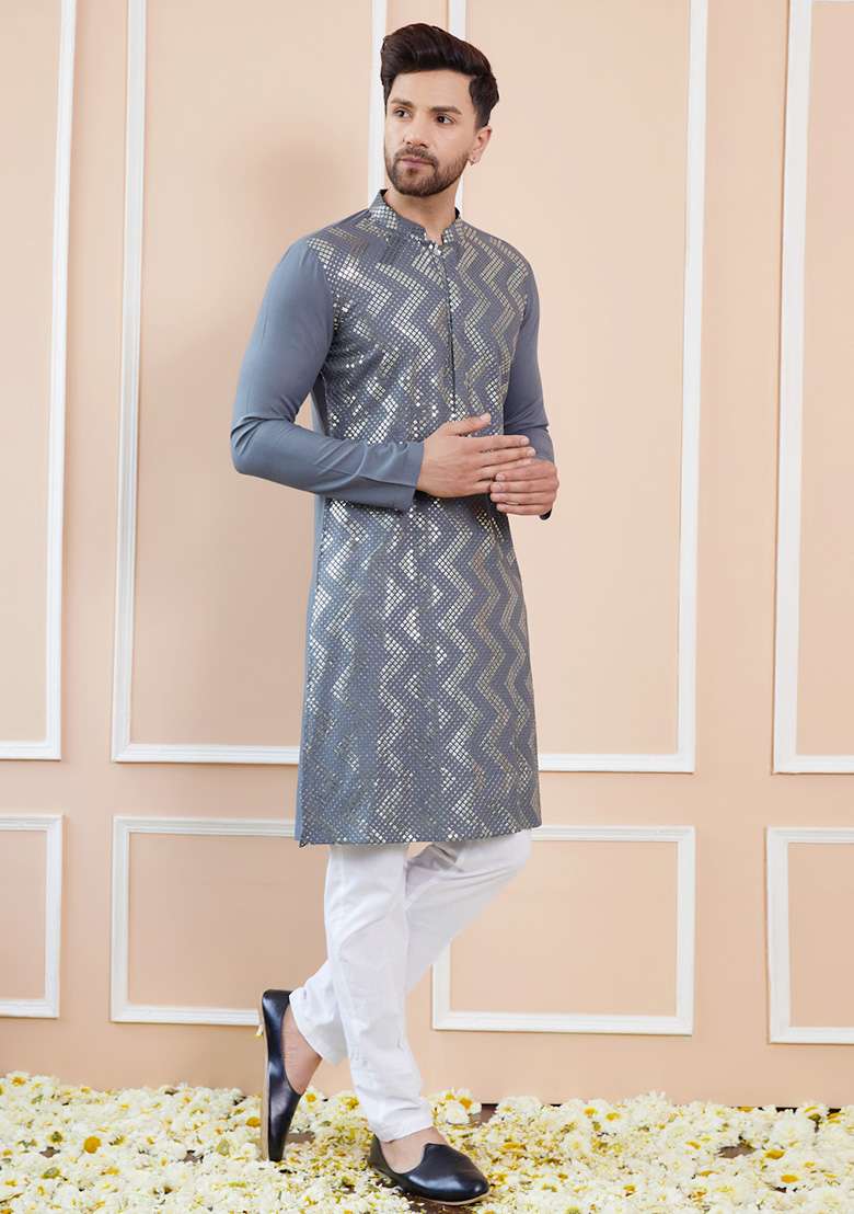 Grey Embroidered Straight Kurta Set For Men - Indya