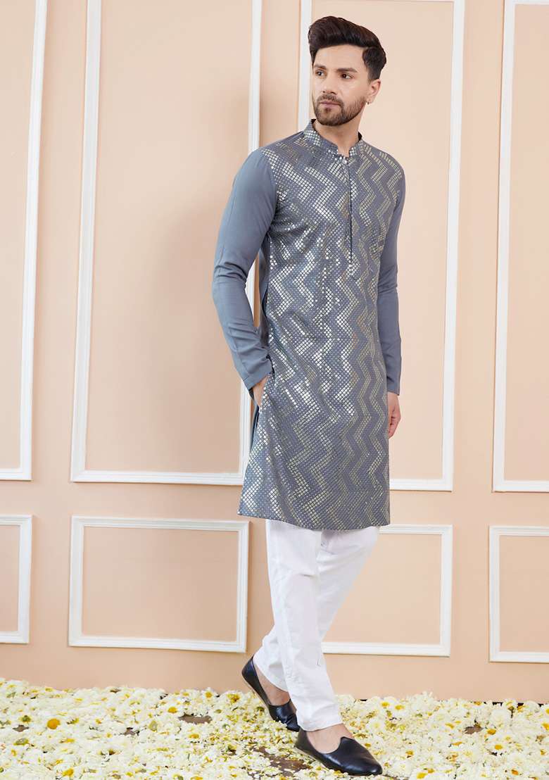 Grey Embroidered Straight Kurta Set For Men - Indya