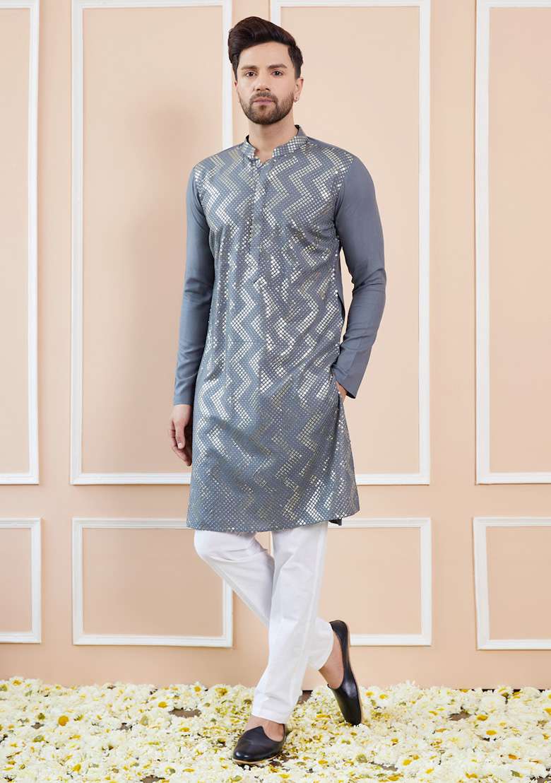 Grey Embroidered Straight Kurta Set For Men - Indya