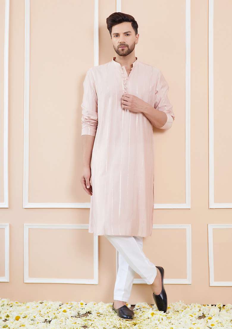 Pink Sequin Embroidered Kurta Set For Men - Indya