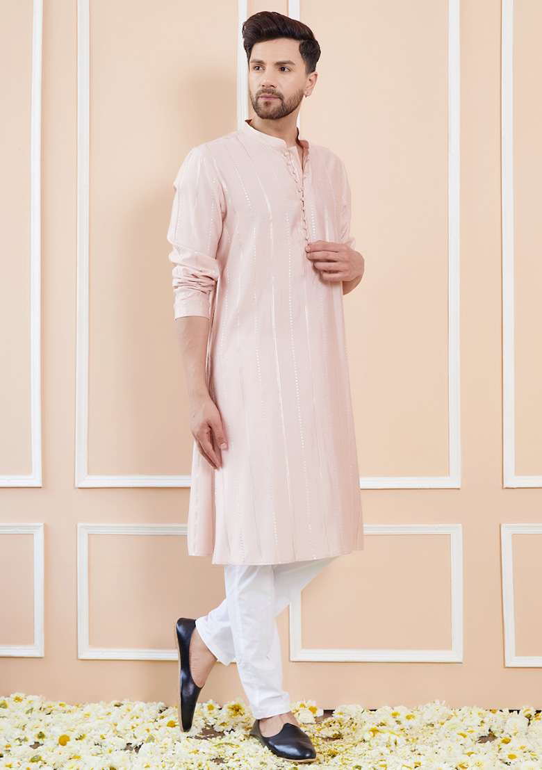 Pink Sequin Embroidered Kurta Set For Men - Indya