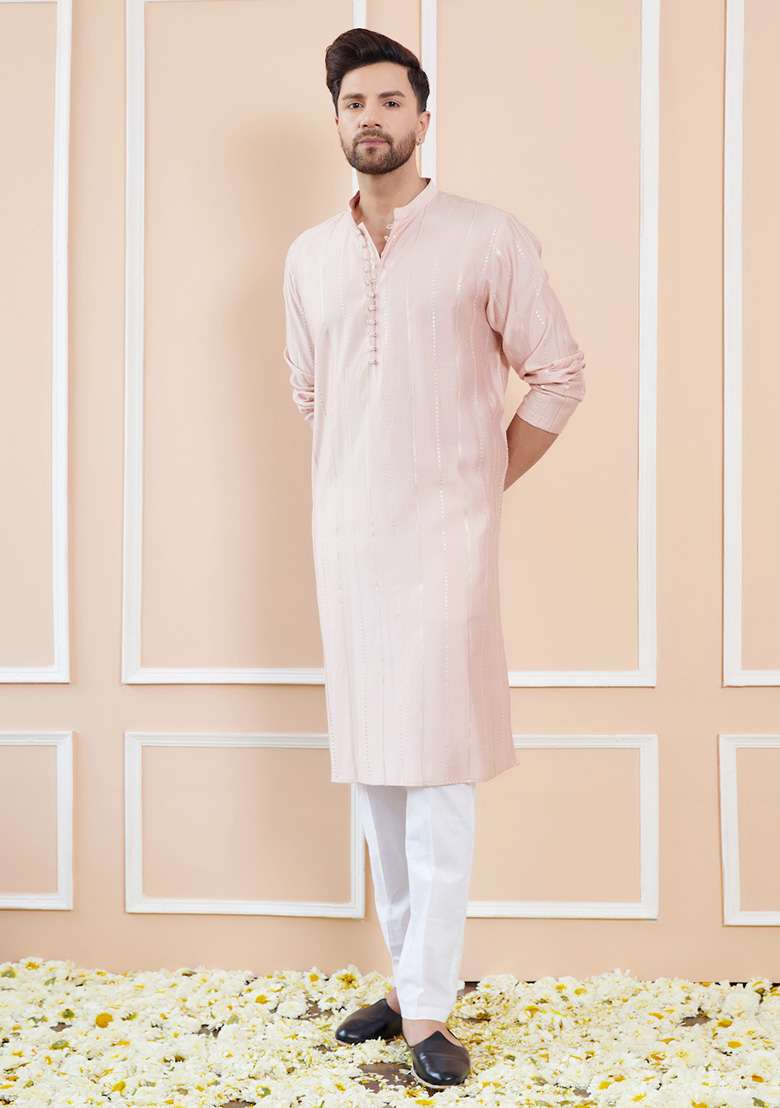 Pink Sequin Embroidered Kurta Set For Men - Indya