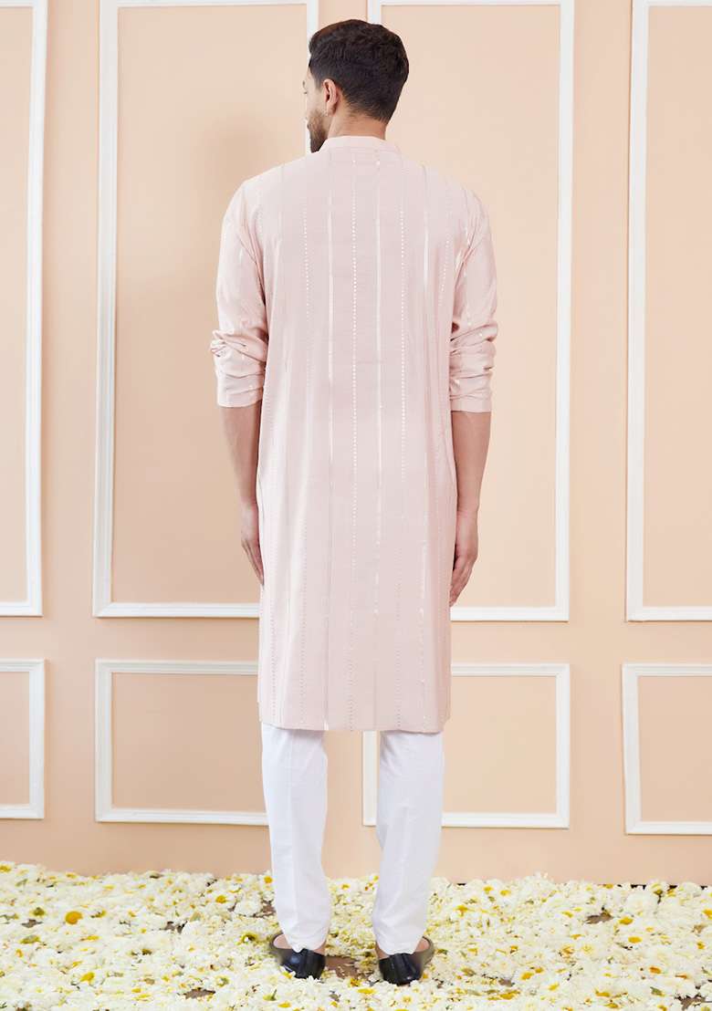 Pink Sequin Embroidered Kurta Set For Men - Indya