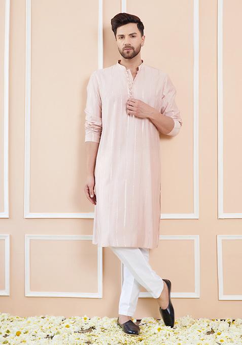 Pink Sequin Embroidered Kurta Set For Men