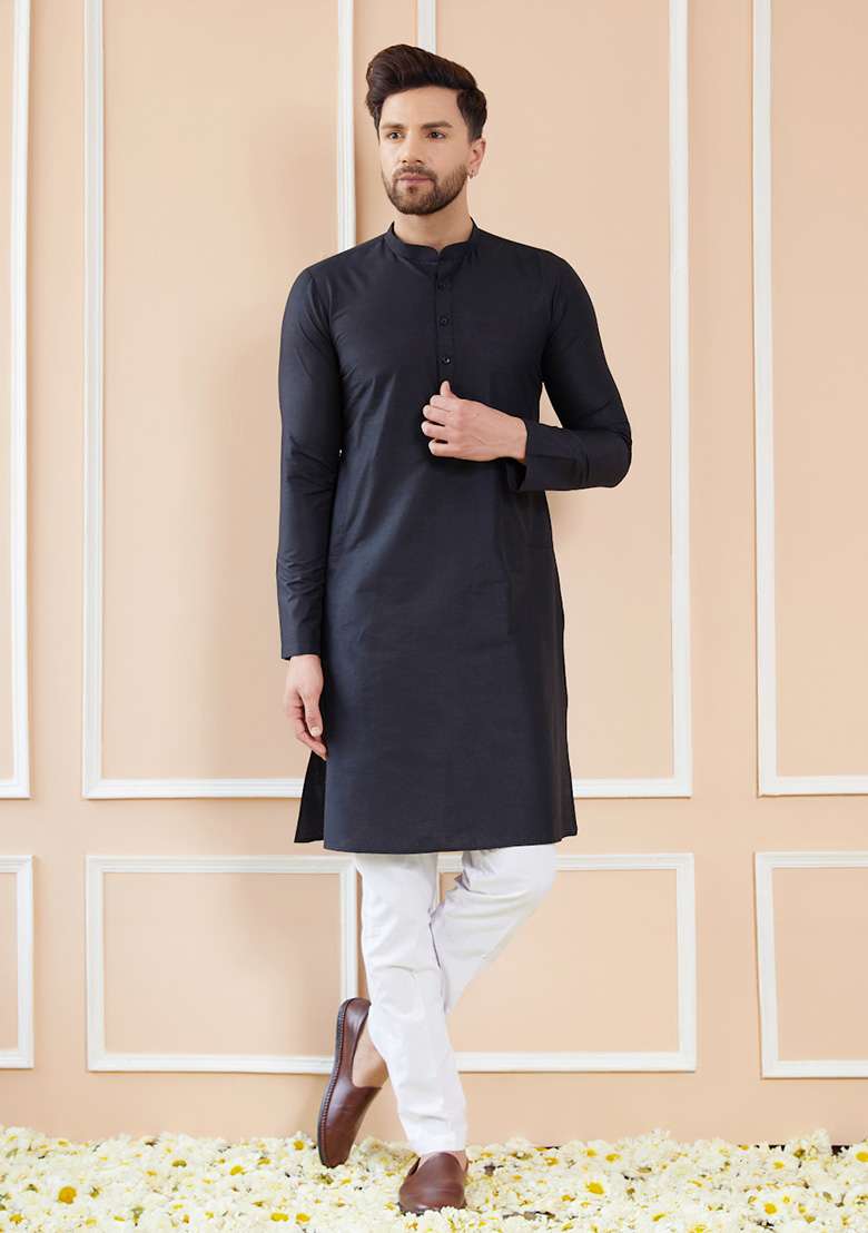 Black Solid Kurta Set For Men - Indya