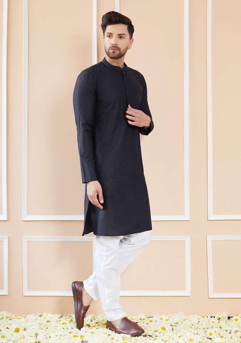 Black Solid Kurta Set For Men - Indya