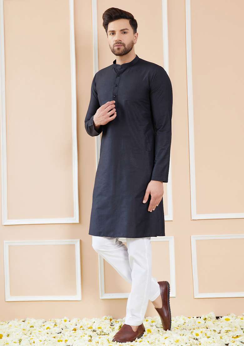 Black Solid Kurta Set For Men - Indya