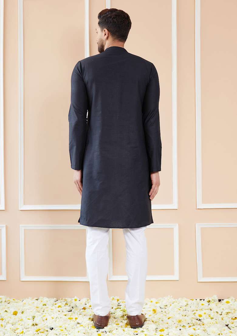 Black Solid Kurta Set For Men - Indya