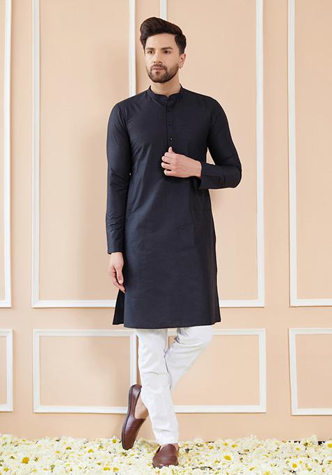 Black Solid Kurta Set For Men — view on Indya