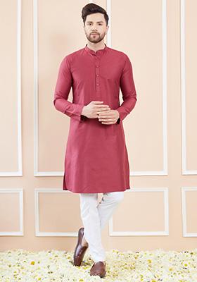 Burgundy Solid Straight Kurta Set For Men