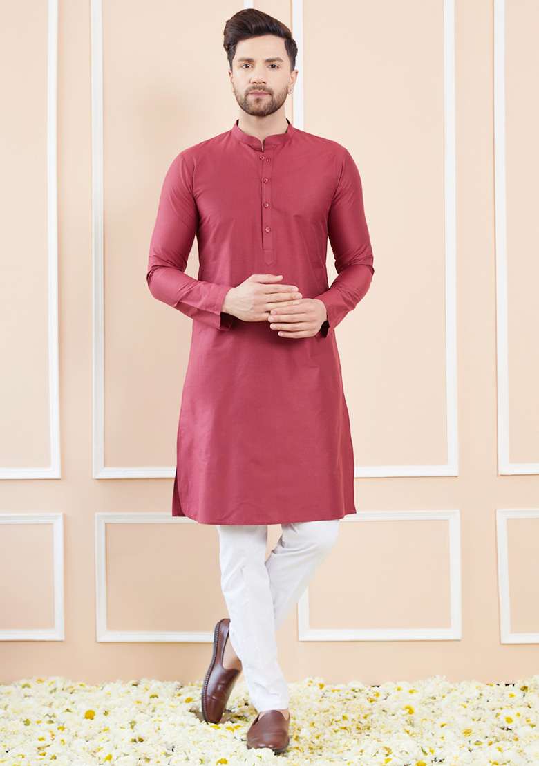 Burgundy Solid Straight Kurta Set For Men - Indya
