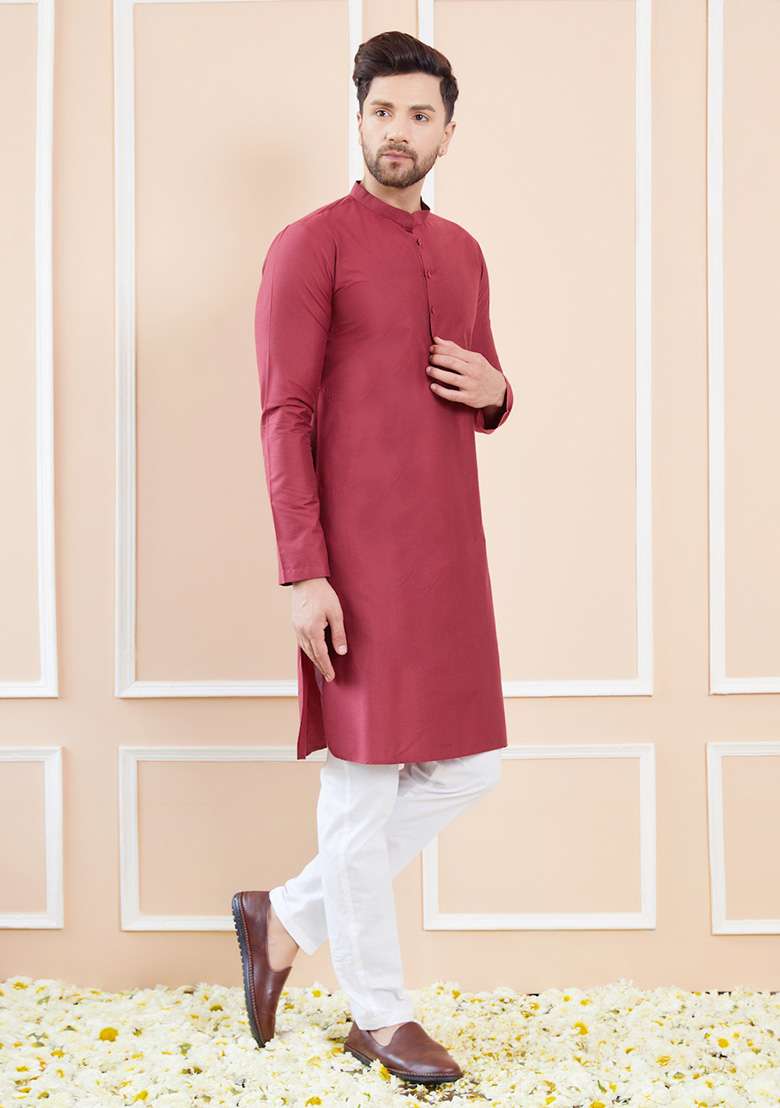 Burgundy Solid Straight Kurta Set For Men - Indya