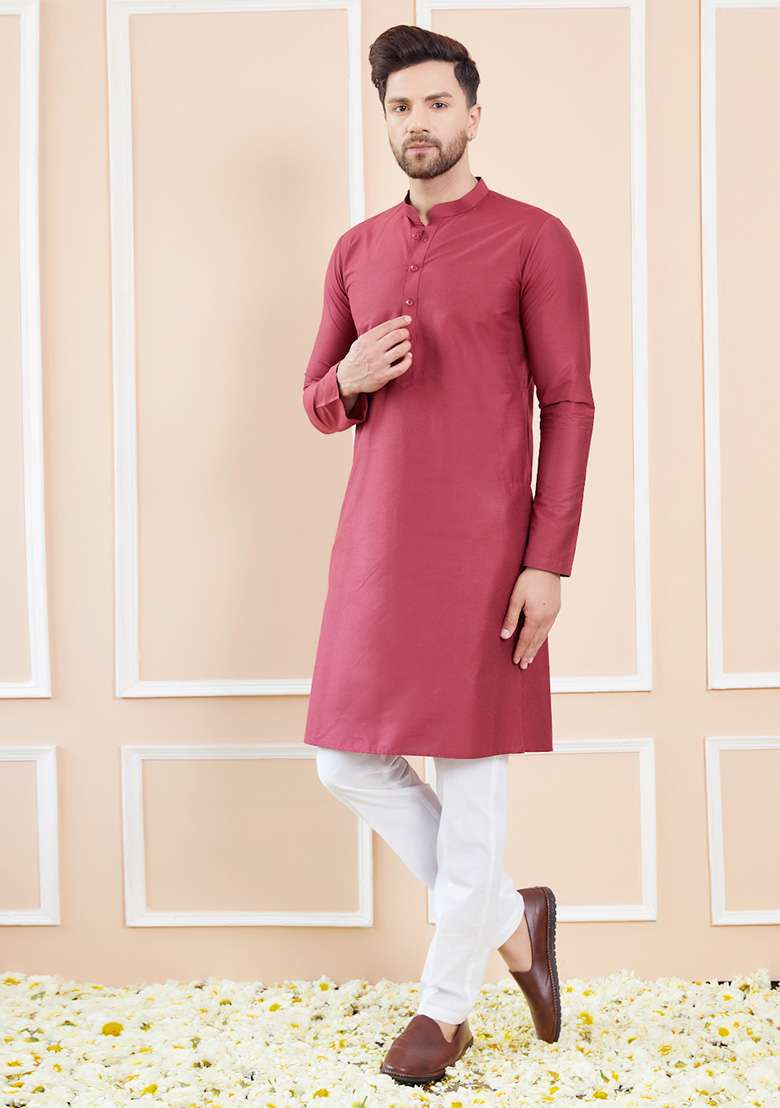 Burgundy Solid Straight Kurta Set For Men - Indya