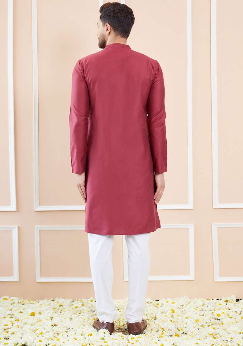 Burgundy Solid Straight Kurta Set For Men - Indya