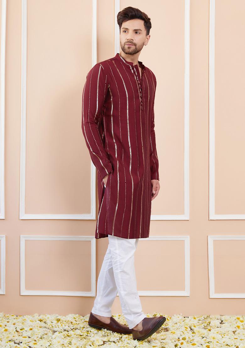 Burgundy Sequin Embroidered Chanderi Silk Kurta Set For Men
