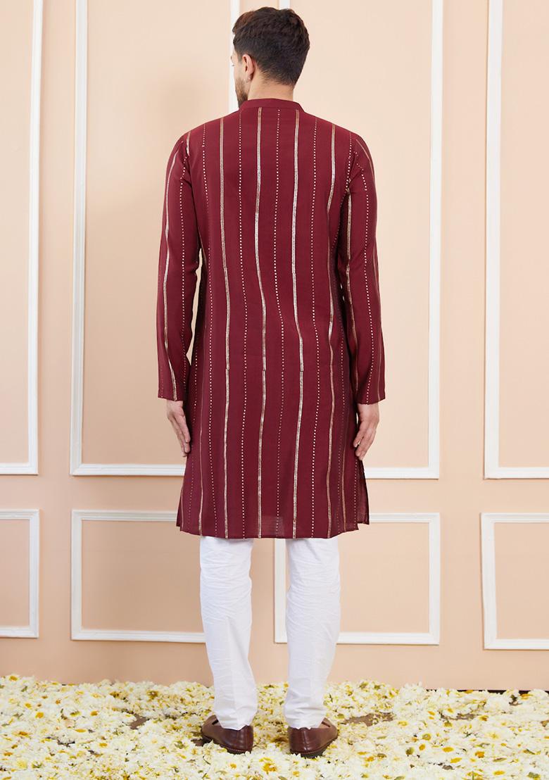 Burgundy Sequin Embroidered Chanderi Silk Kurta Set For Men