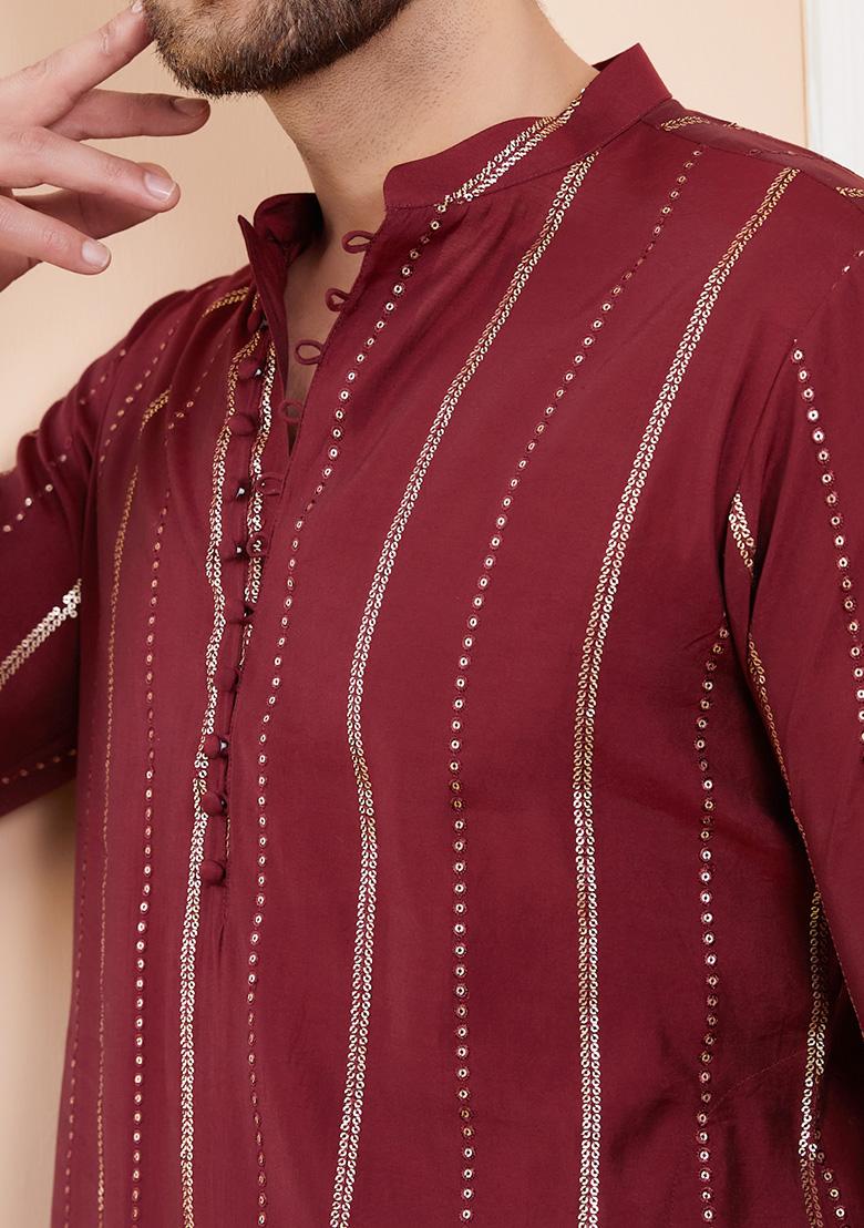 Burgundy Sequin Embroidered Chanderi Silk Kurta Set For Men