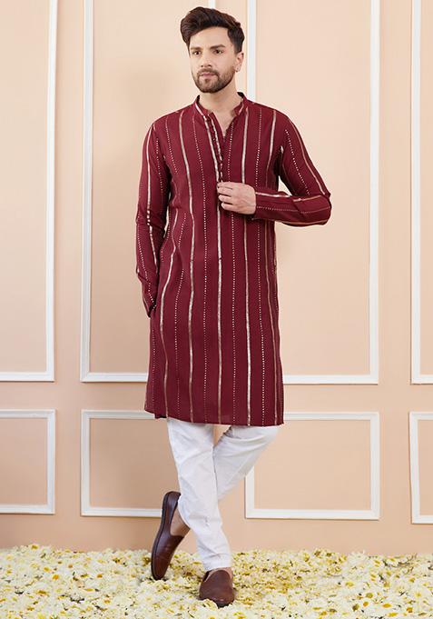 Burgundy Sequin Embroidered Chanderi Silk Kurta Set For Men