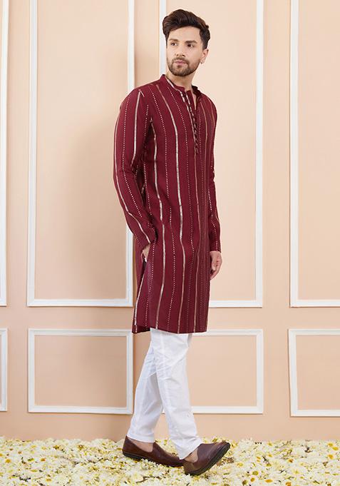 Burgundy Sequin Embroidered Chanderi Silk Kurta Set For Men