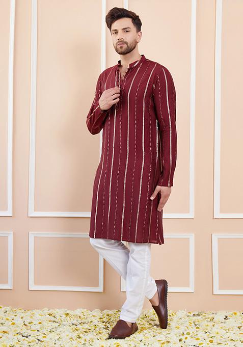 Burgundy Sequin Embroidered Chanderi Silk Kurta Set For Men