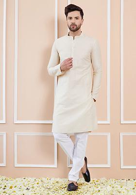Cream Solid Straight Kurta Set For Men