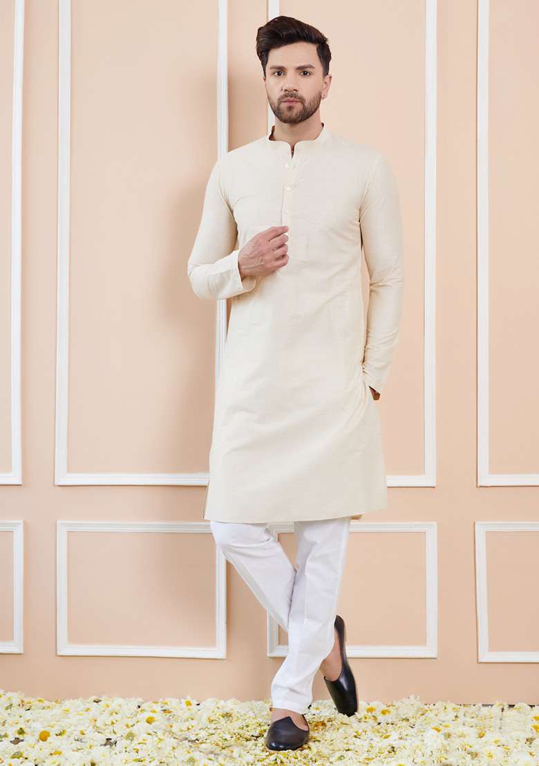 Cream Solid Straight Kurta Set For Men - Indya