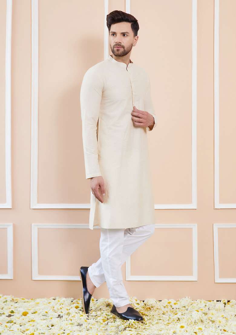 Cream Solid Straight Kurta Set For Men - Indya
