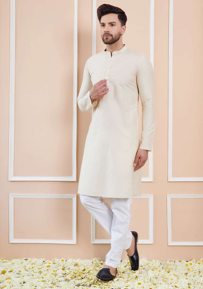Cream Solid Straight Kurta Set For Men - Indya