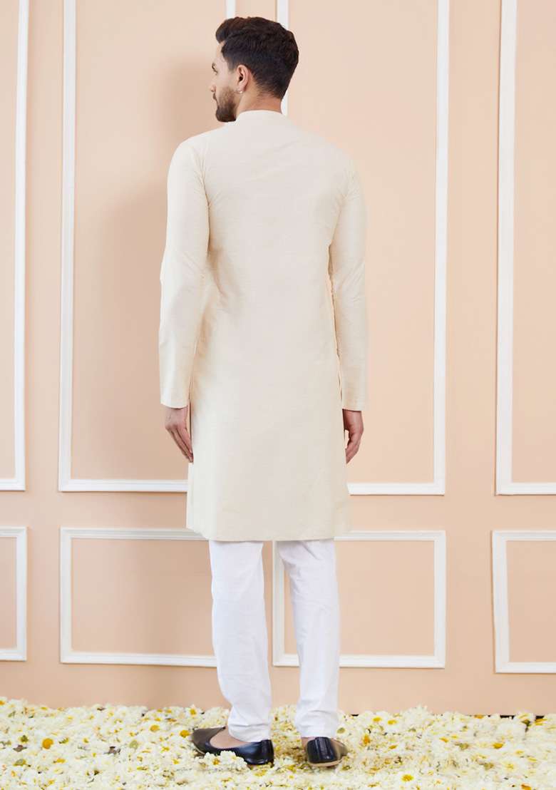 Cream Solid Straight Kurta Set For Men - Indya