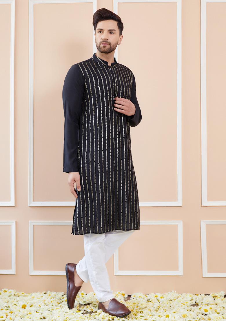 Black Sequin Embroidered Kurta Set For Men