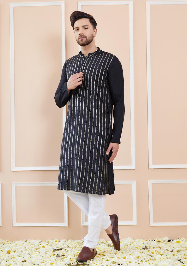 Black Sequin Embroidered Kurta Set For Men