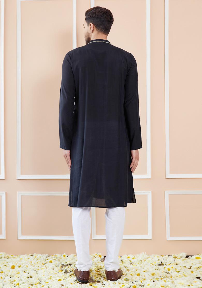 Black Sequin Embroidered Kurta Set For Men